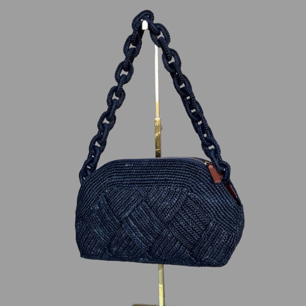 SEZANE Navy Blue Woven Braided Raffia Shoulder Bag Chain Link Strap Isabelle Bag - Picture 5 of 14